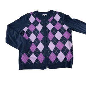 Croft & Barrow Argyle Print Cardigan Sweater XL Cotton & Acrylic Blend Navy Blue